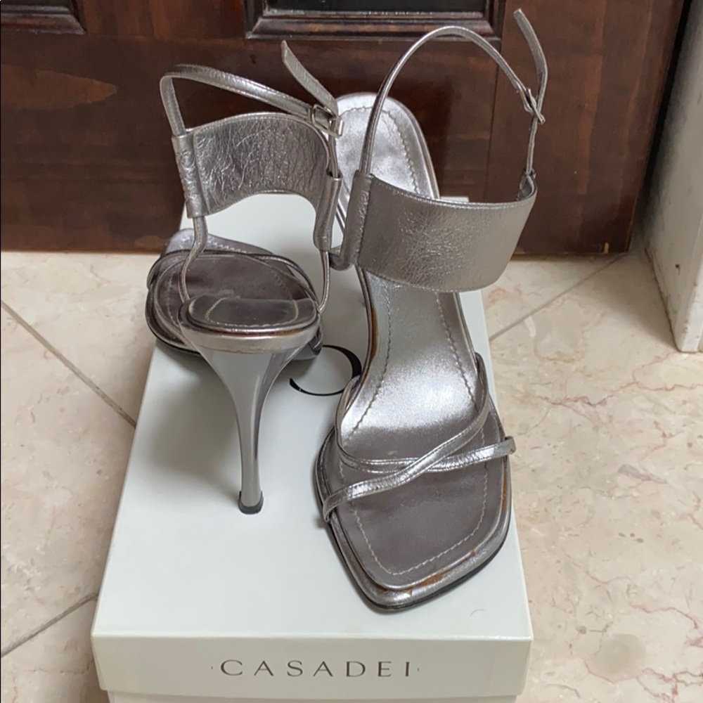 Silver open toe heels